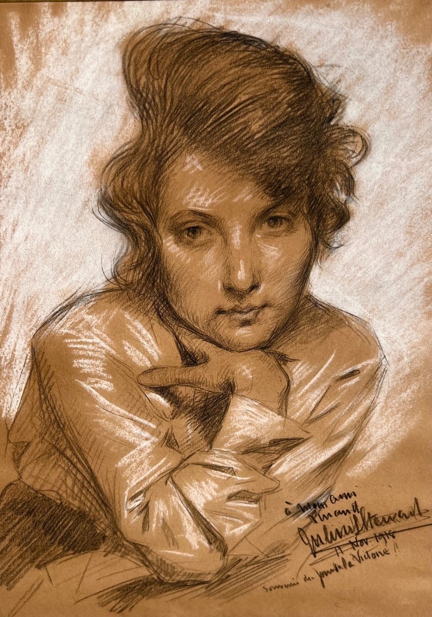 Antique Drawing Portrait Of A Woman Signed Julius Stewart 1918 Impressionist-photo-1