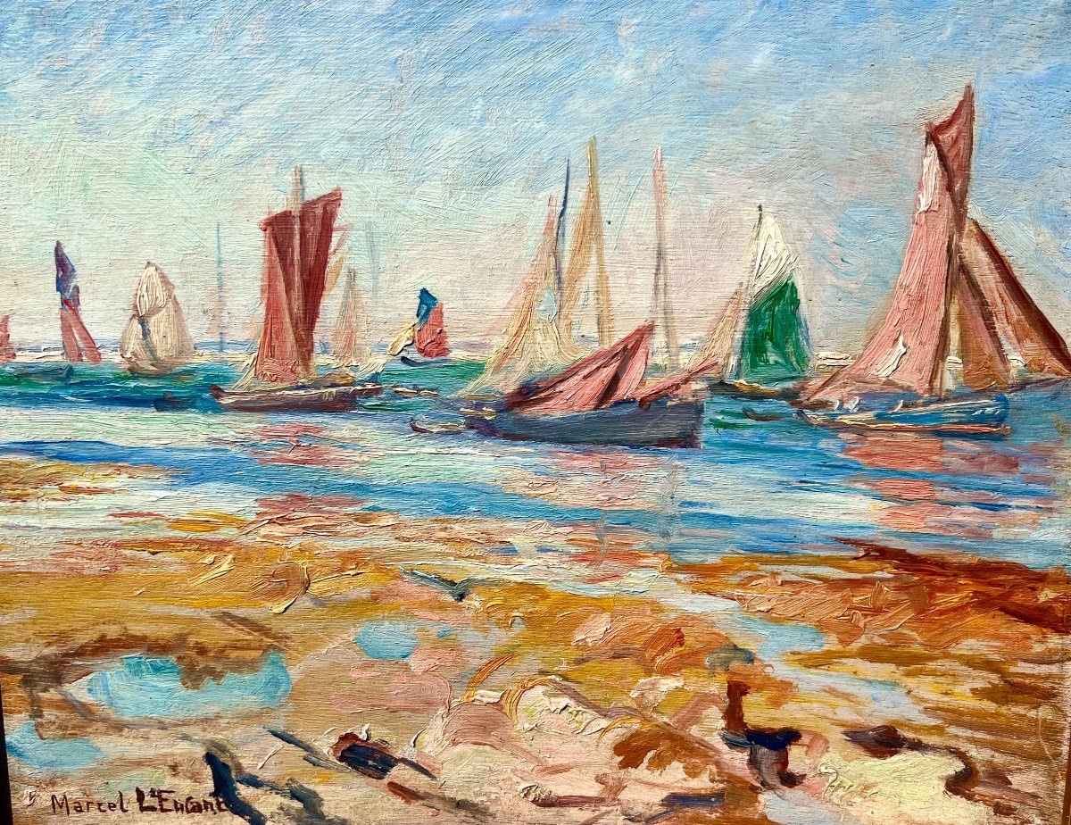 Antique Painting Boats At Sea Signed Marcel l'Enfant Brittany-photo-1