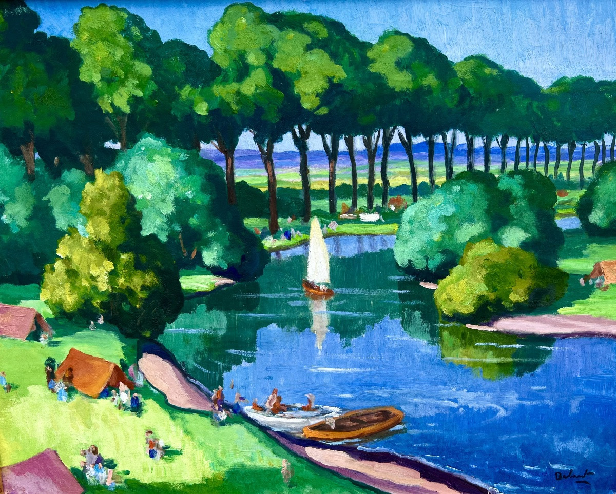Painting Of The Campsite Signed Gaston Balande 1949 La Rochelle -photo-1