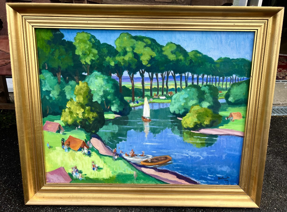 Painting Of The Campsite Signed Gaston Balande 1949 La Rochelle 