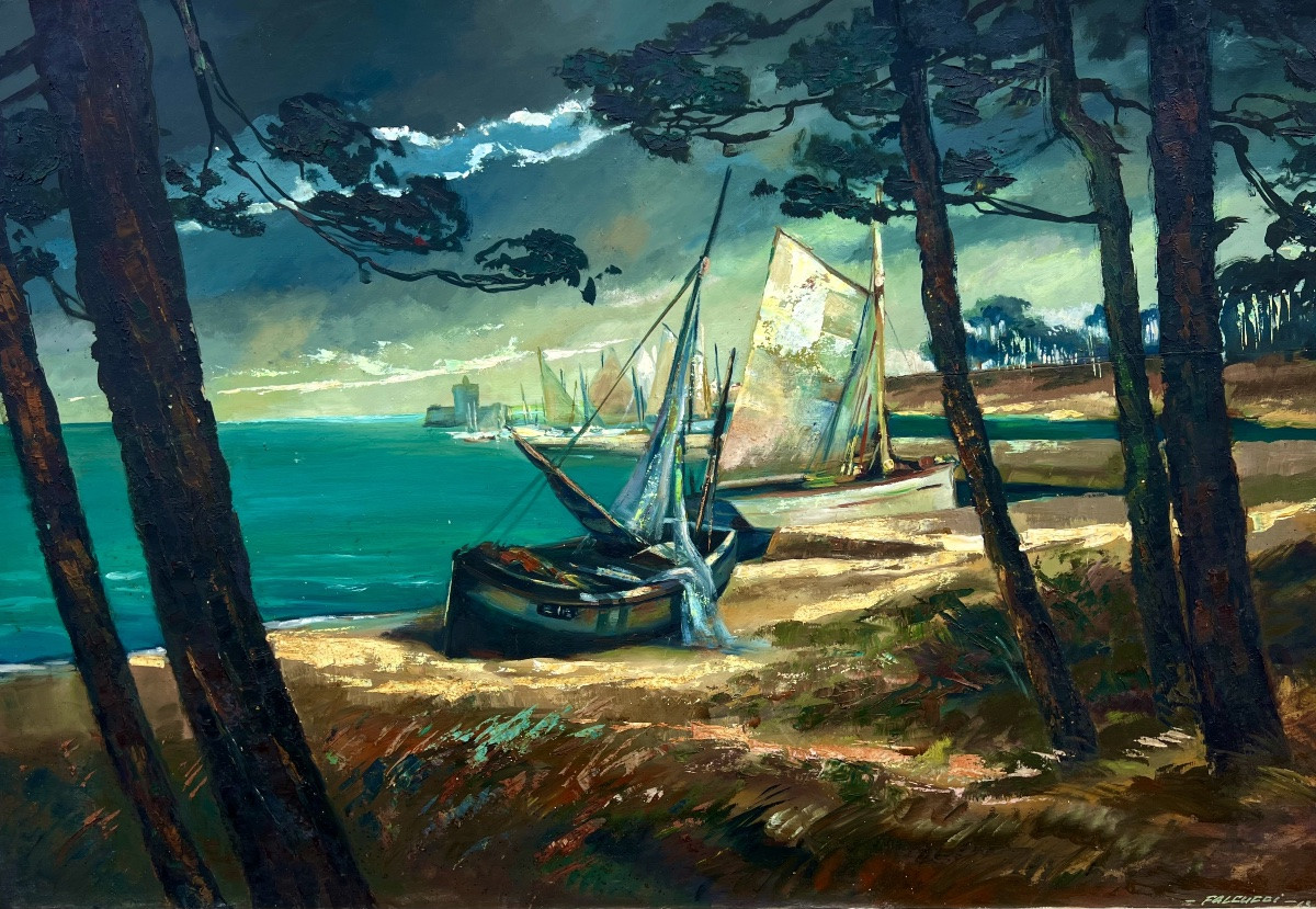 Large Painting Of Fort Louvois, Oleron Island, Signed Robert Falcucci, 1963 -photo-1