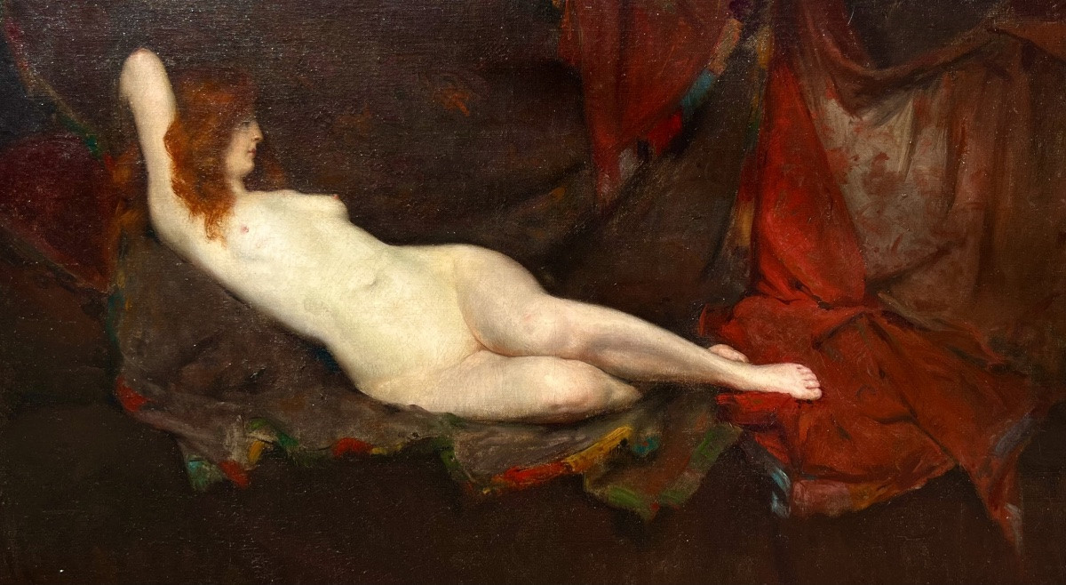 Ancien tableau nue au tapis orientale signé Charles Manciet 1900 -photo-1