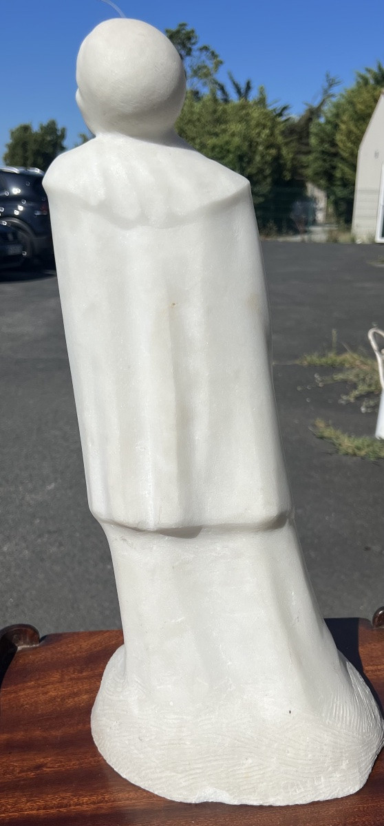 Pierrot The Clown Marble Sculpture By Félix Fevola, 1920s Art Deco -photo-3