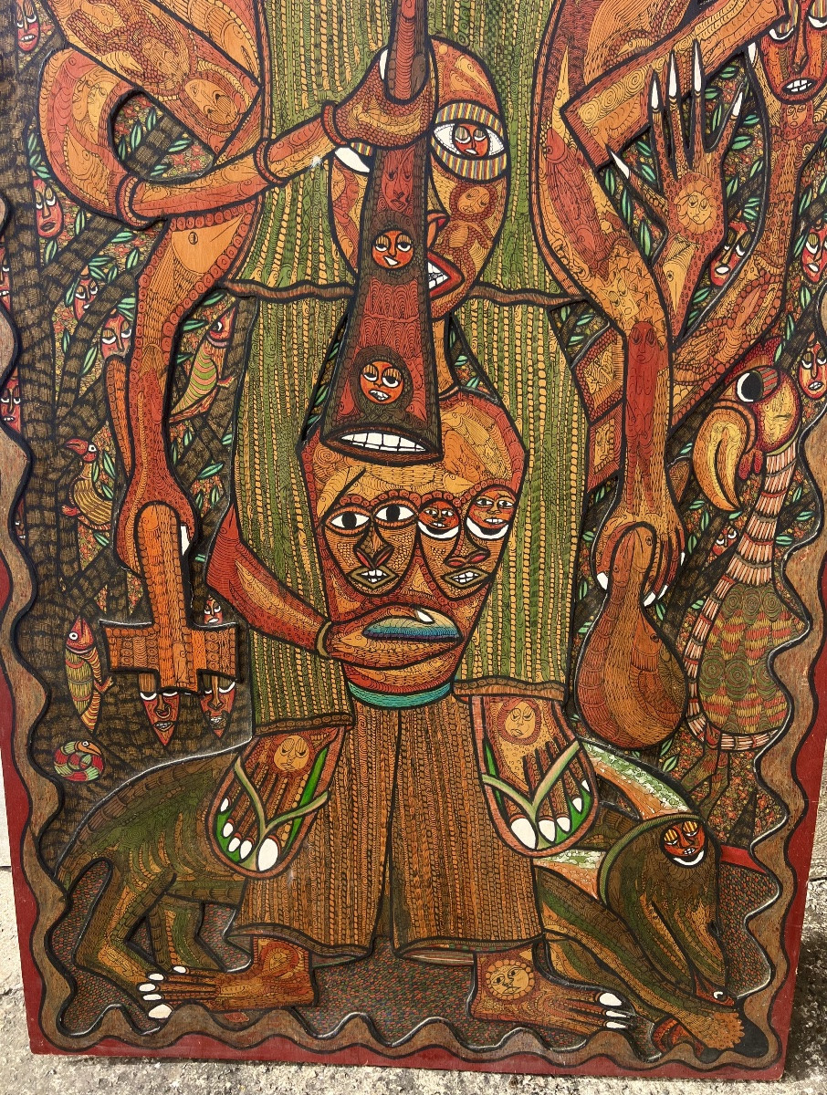 Large Painting The Flute Player Signed Twin Seven Seven 1980 Nigeria Africa -photo-2