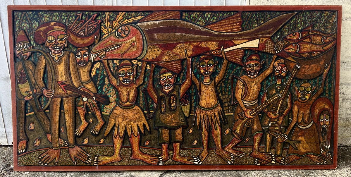 Large Painting The Return From Fishing Signed Twins Seven Seven 1980 Nigeria Africa Osogbo Art