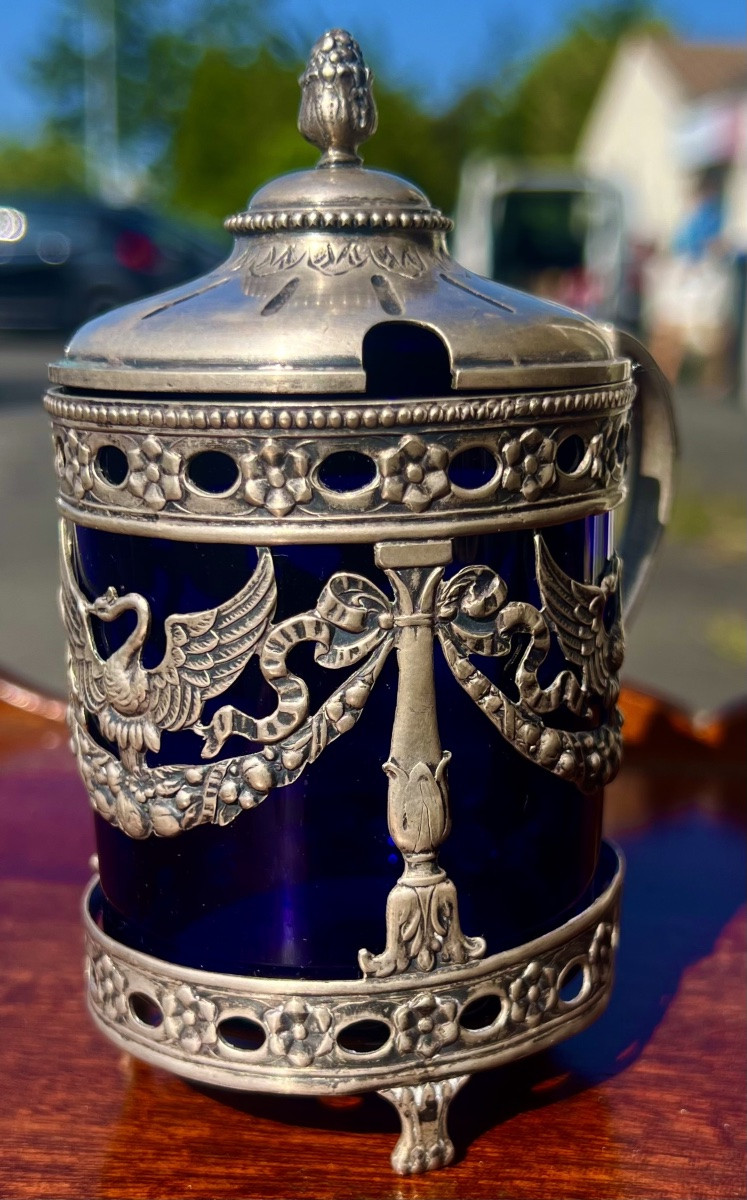 Antique Mustard Pot With Swans In Solid Silver, Late 18th Century -photo-1