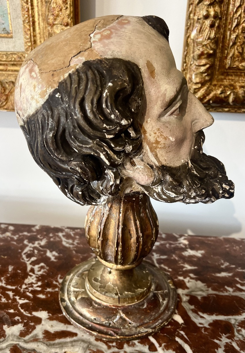 Ancienne tête en bois sculpté saint religieux 19 eme -photo-1