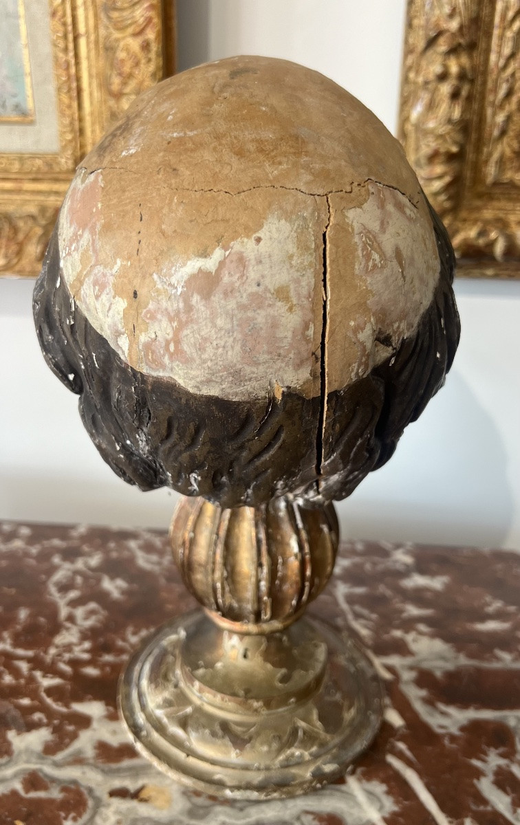 Ancienne tête en bois sculpté saint religieux 19 eme -photo-2