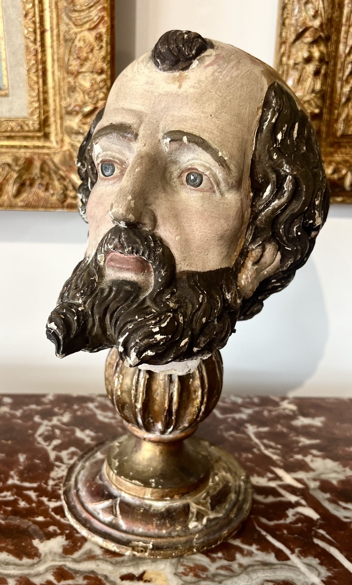 Ancienne tête en bois sculpté saint religieux 19 eme 