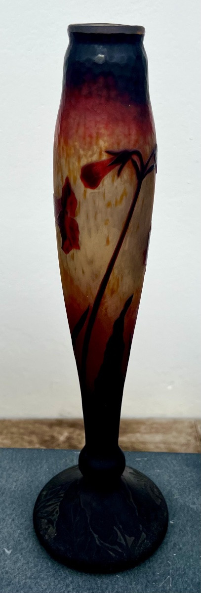 Antique Tobacco Flower Vase Signed Daum Nancy Hammered Glass Paste Circa 1910-photo-1