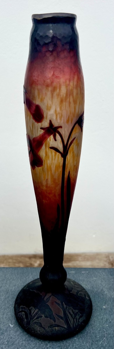 Antique Tobacco Flower Vase Signed Daum Nancy Hammered Glass Paste Circa 1910-photo-2