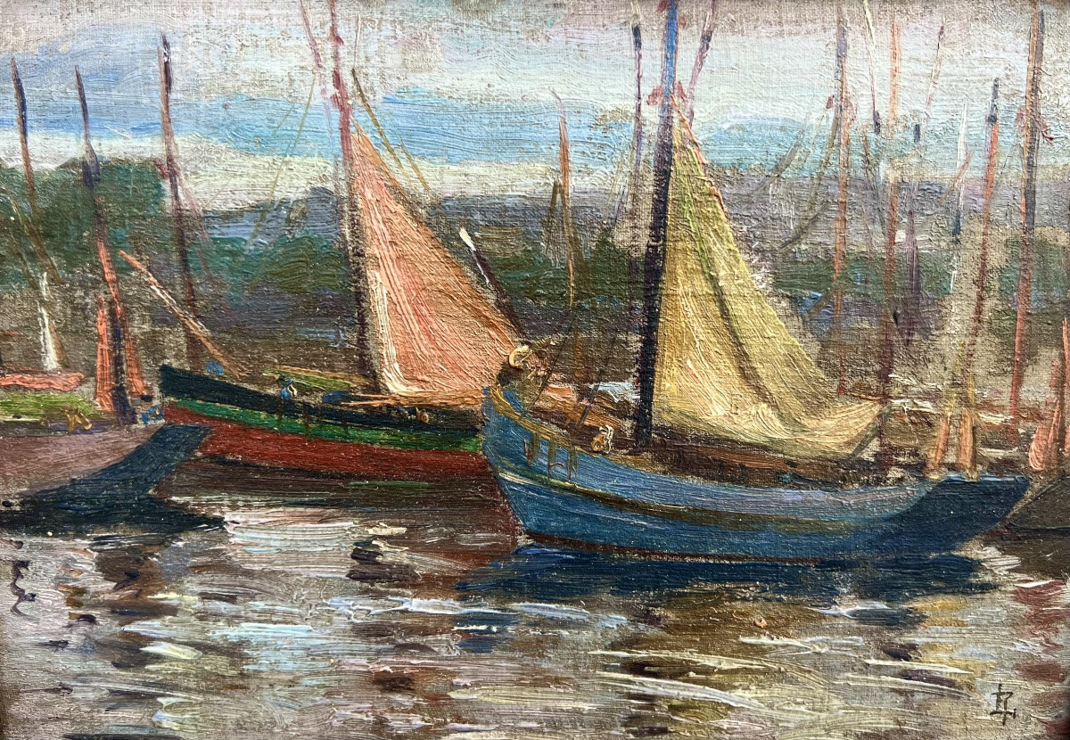 Ancien tableau le port breton signé Louis Rollet 1930 -photo-1