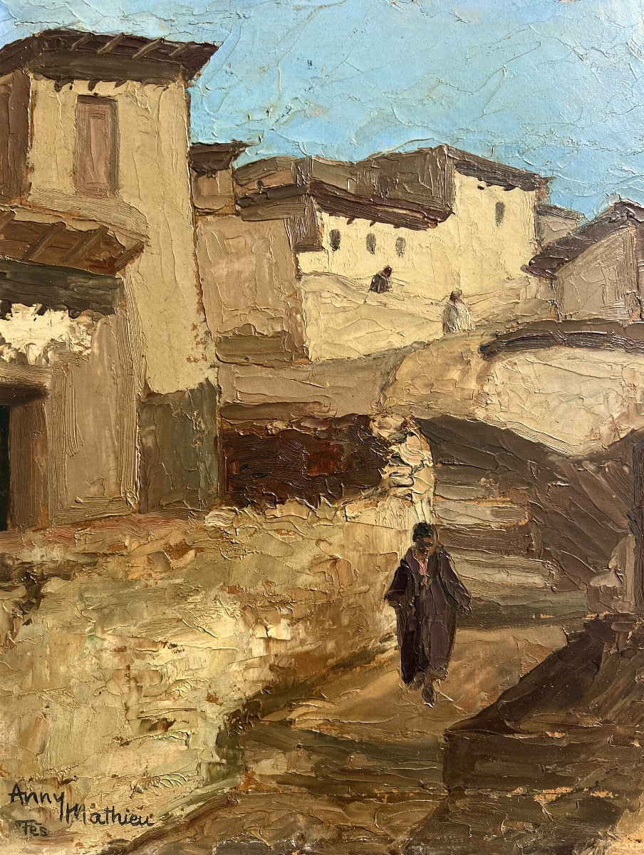 Old Painting View Of Fes In Morocco Signed Anny Mathieu Circa 1930 Orientalist -photo-1