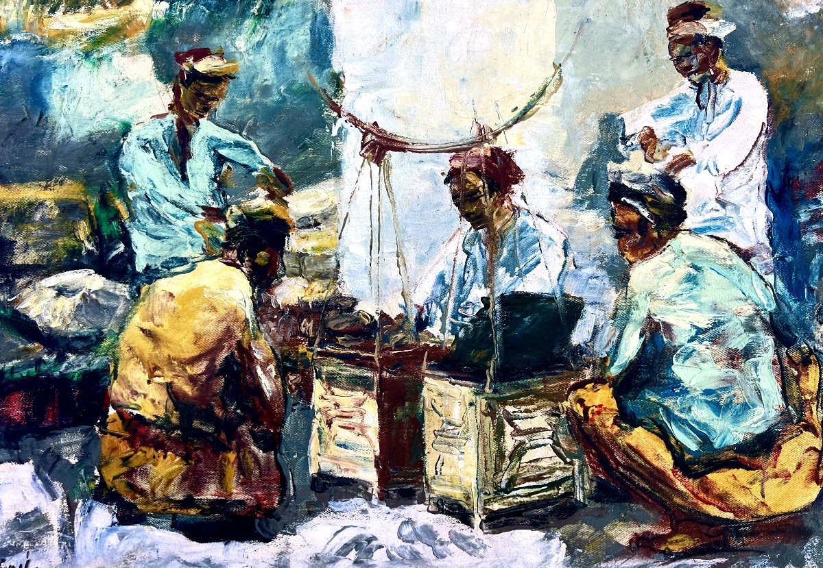 Tableau scène de marché signé Sujatno Koempoel Indonésie 1960 Indonesia Asie -photo-1