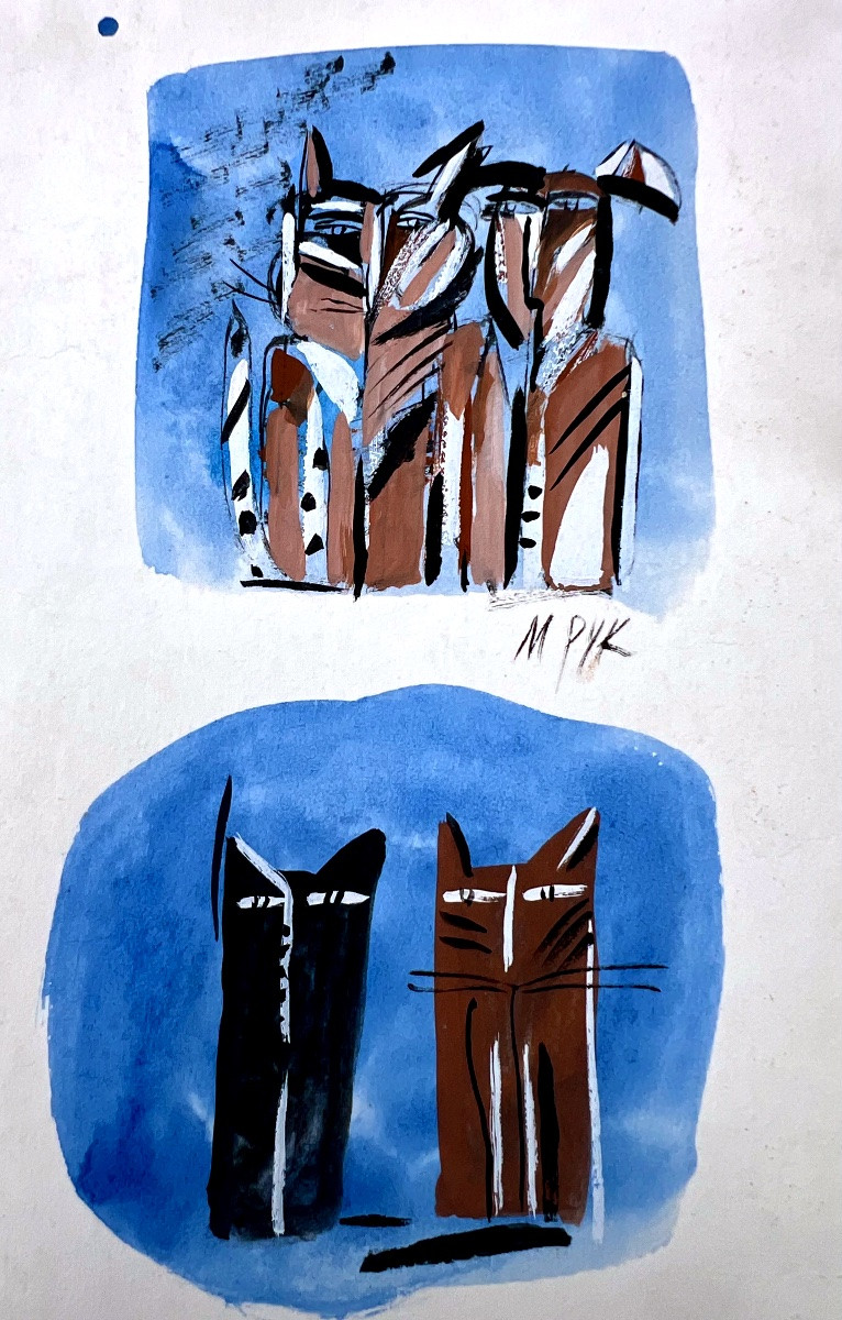 Peinture gouache les chats signé madeleine Pyk 1970 Suède-photo-1