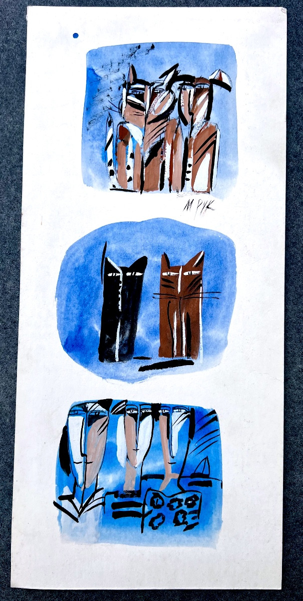 Peinture gouache les chats signé madeleine Pyk 1970 Suède