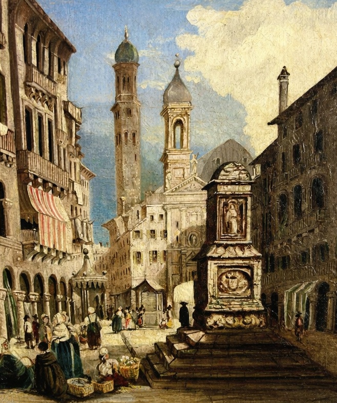 ANCIEN TABLEAU LA PLACE ST ANTONIO À PADOUE 19E ÉCOLE ITALIENNE-photo-1