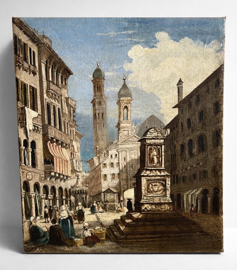 ANCIEN TABLEAU LA PLACE ST ANTONIO À PADOUE 19E ÉCOLE ITALIENNE