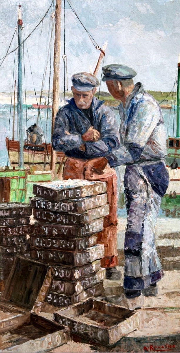 Painting "the Sailors Of Concarneau" Signed Adrien Ravallec, 1960, Brittany -photo-1