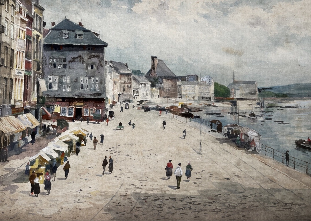 Watercolor Depicting Life In A Port, Signed Jean Cambresier, Belgium, 1900 -photo-1