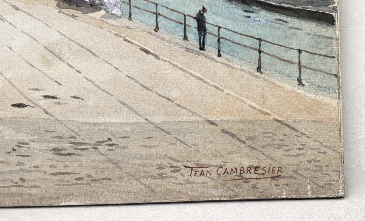 Watercolor Depicting Life In A Port, Signed Jean Cambresier, Belgium, 1900 -photo-2