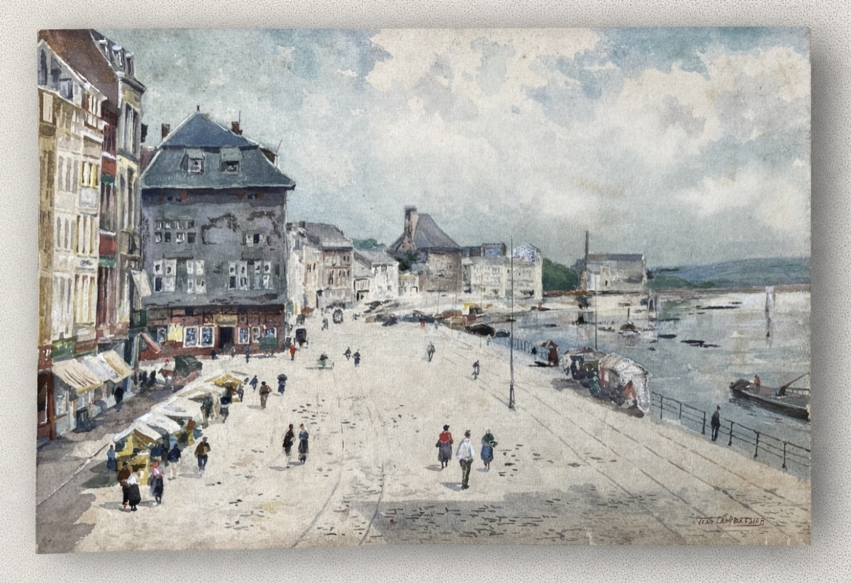 Watercolor Depicting Life In A Port, Signed Jean Cambresier, Belgium, 1900 