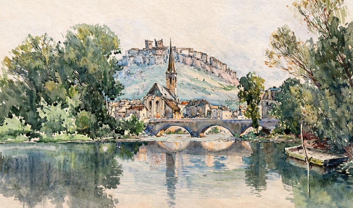 Aquarelle vue de saint Flour cantal signé Émile Appay 1900 Auvergne  -photo-1