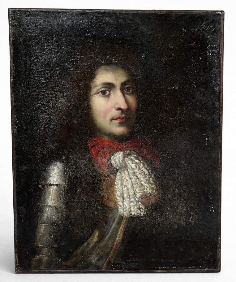 Antique Painting, Portrait Of A Man In Armor, French School, Late 17th Century 