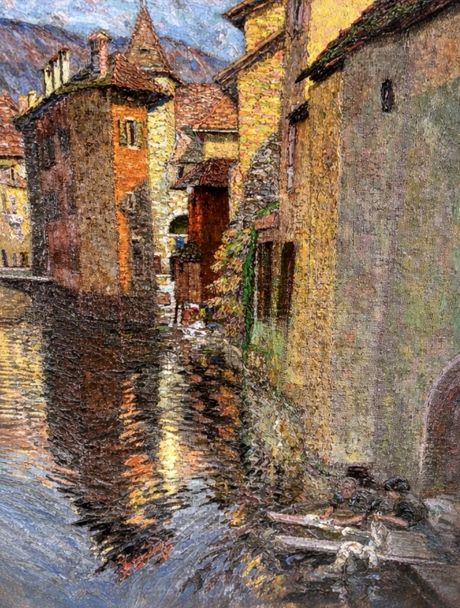 Painting Of The Banks Of The Thiou At Annecy, Signed Gaston Gavet, 1930, Haute-savoie Mountains -photo-1