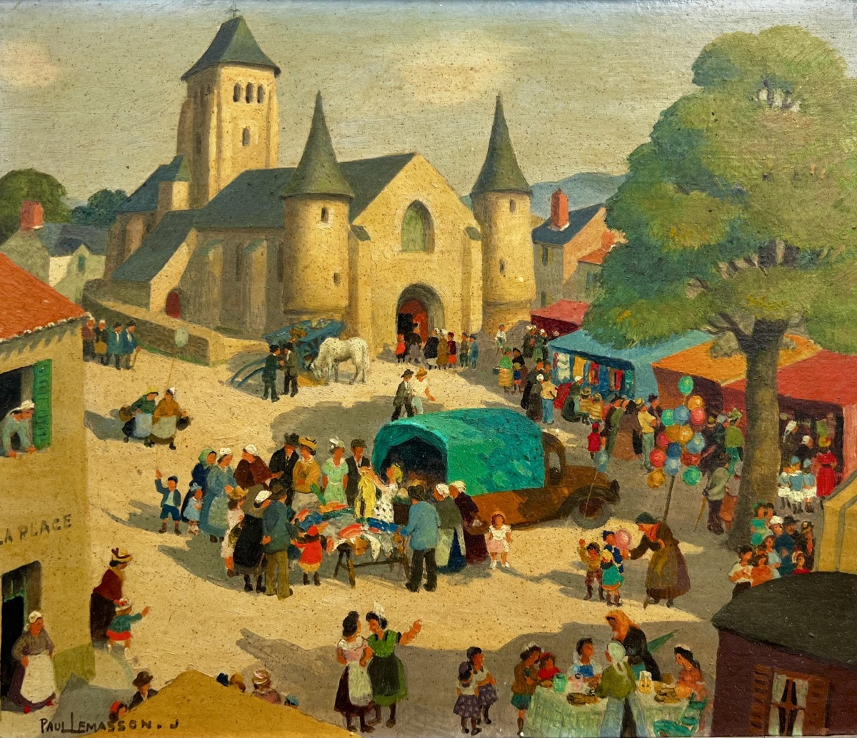 Painting Of A Village Market Scene, Signed Paul Lemasson, Nantes, Brittany -photo-1