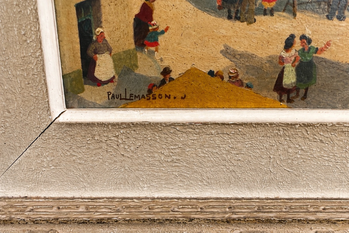 Painting Of A Village Market Scene, Signed Paul Lemasson, Nantes, Brittany -photo-2