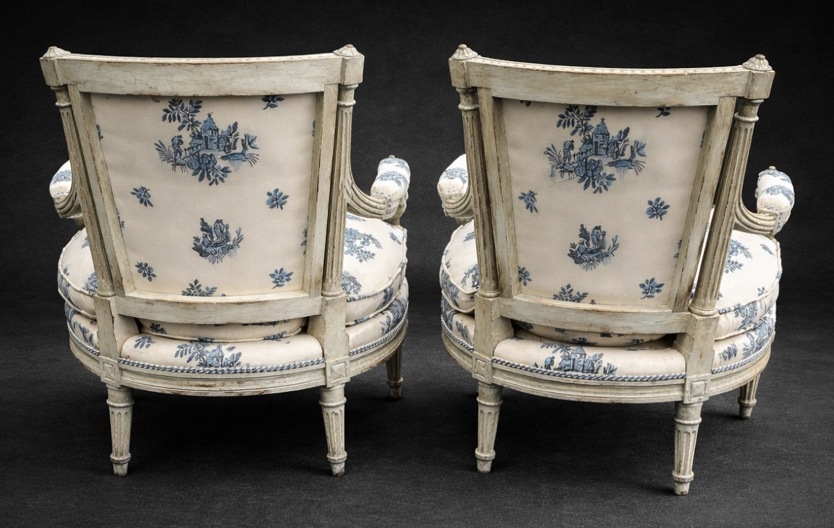 Antique Pair Of Louis XVI Style Low Armchairs With Fire Corners 19th Century-photo-2