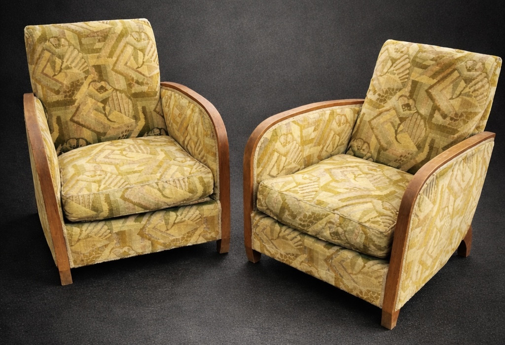 Antique Pair Of Club Armchairs In 1930s Art Deco Fabrics