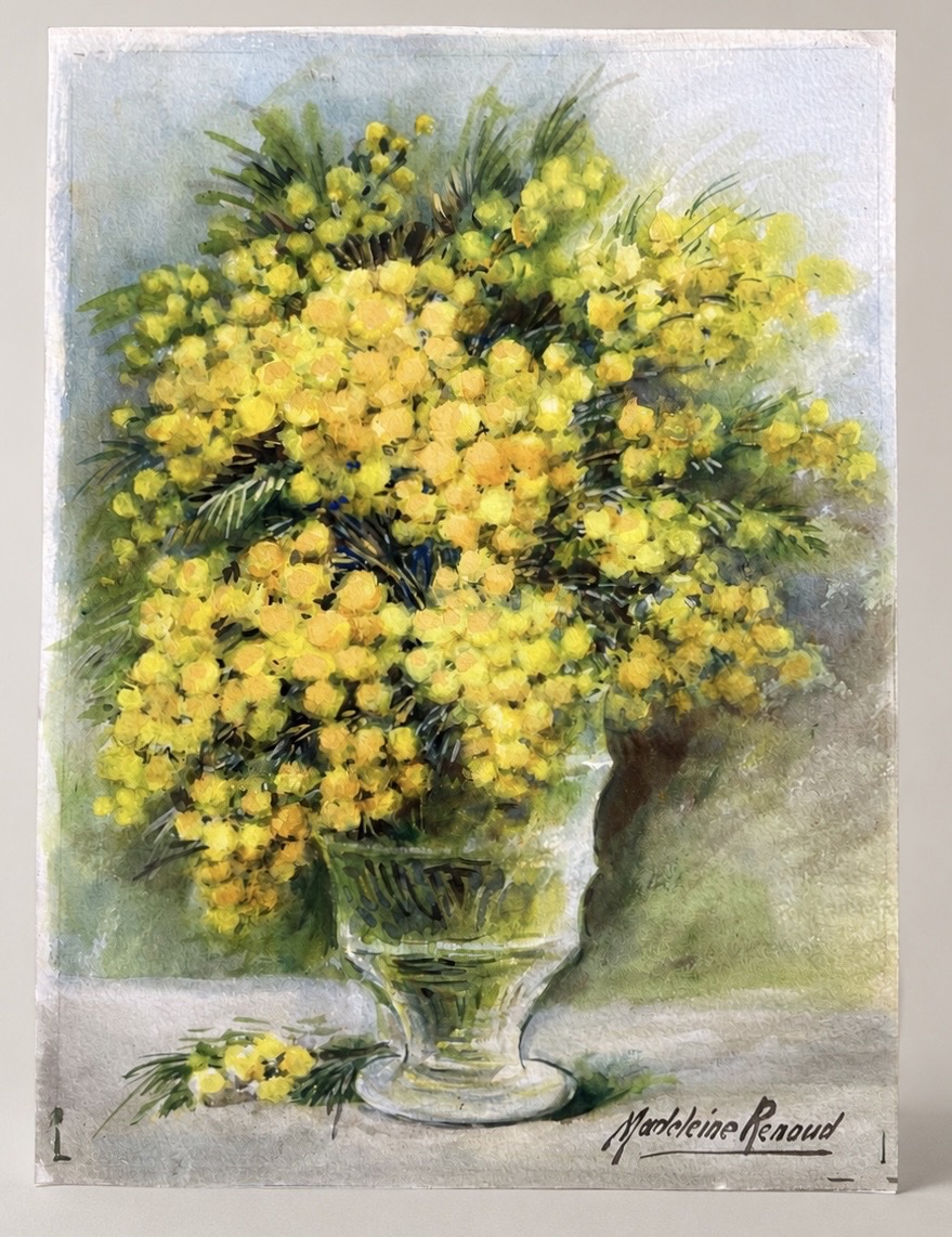 Aquarelle le bouquet de mimosas signé Madeleine Renaud 
