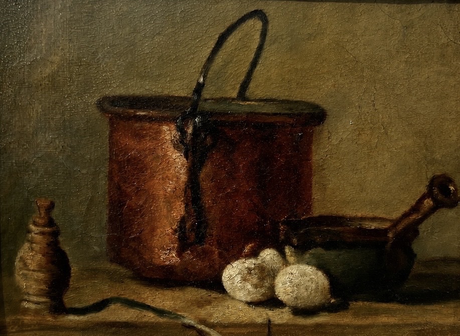 Antique Still Life Painting Featuring A Cauldron, French School, 19th Century -photo-2
