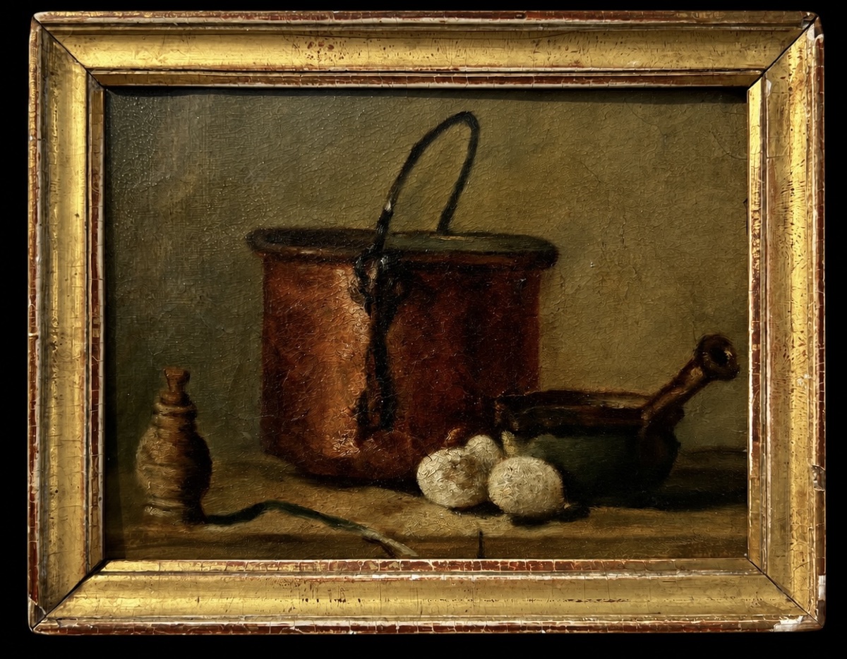 Antique Still Life Painting Featuring A Cauldron, French School, 19th Century 