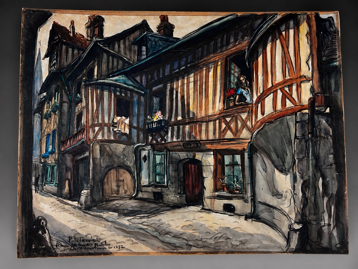 Large Watercolor Painting Of Rue Des Matelas In Rouen, Signed By Pierre Letrividic, Normandy 