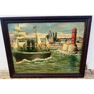 Old Painting Ex Voto Boat In The Port Of Marseille Signed Ducatez 1903