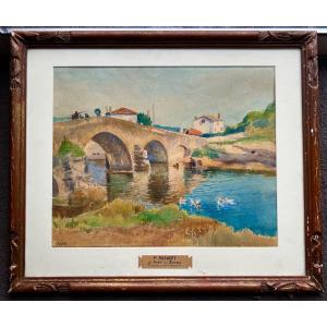 Ancien Tableau Aquarelle Le Pont De Socoa Signé Paul Rossert Vers 1900 pays basque 