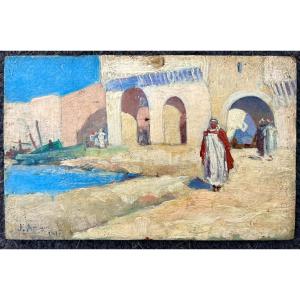 Old Painting The Port Orientalist Signed Artigue 1897 Algeria Morocco 