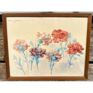 Watercolor Painting Study Of Flowers Signed Louise Abbema 1918 