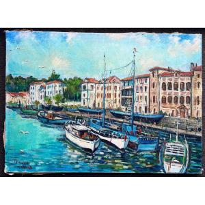 Painting The Port Of Saint Jean De Luz Signed Henri Hesme 1950 Basque Country 