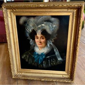 Old Painting Portrait Of Woman With Headdress 1830 Restoration Period 