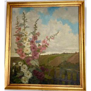 Old Painting The Hollyhocks Signed Adolphe Giraldon 1886.  