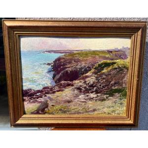 Old Painting The Rocky Coast In Brittany Signed Pierre Baeschlin 1913 Douarnenez  