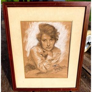 Ancien Dessin Portrait De Femme Signé Julius Stewart 1918 Impressionniste