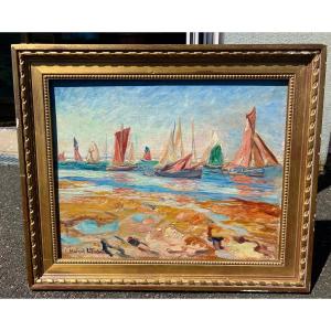 Antique Painting Boats At Sea Signed Marcel l'Enfant Brittany