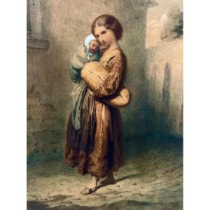 Old Watercolor Drawing Of Maternity Signed Charles Joseph Travies 1840