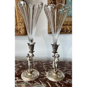 Paire de soliflores aux indiens en bronze argenté et cristal 19 eme 