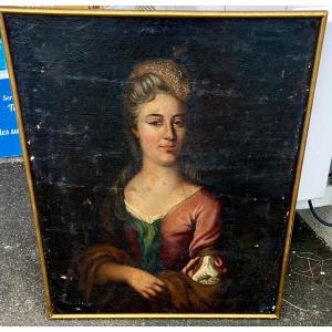 Old Painting Portrait Of A Woman French School 18th Century Mrs Huard De Chateaufort